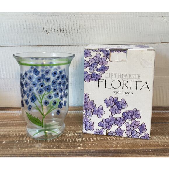 NIB Fifth Avenue Crystal Blown Glass Floral Hydrangea Mini Hurricane Lamp Candle - Picture 1 of 12